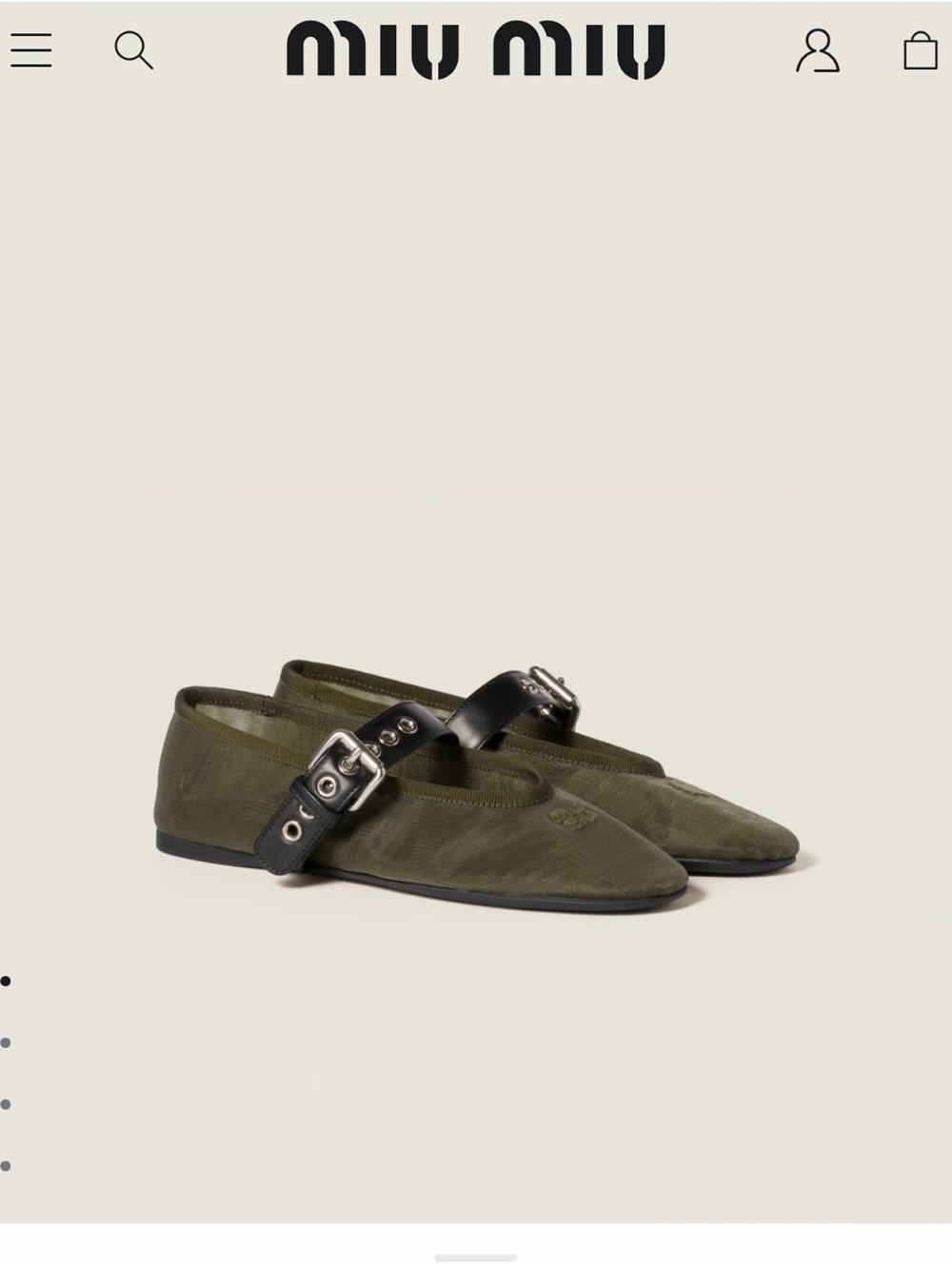 Miu Miu Olive Mesh Ballet Flats with Black Buckle Strap